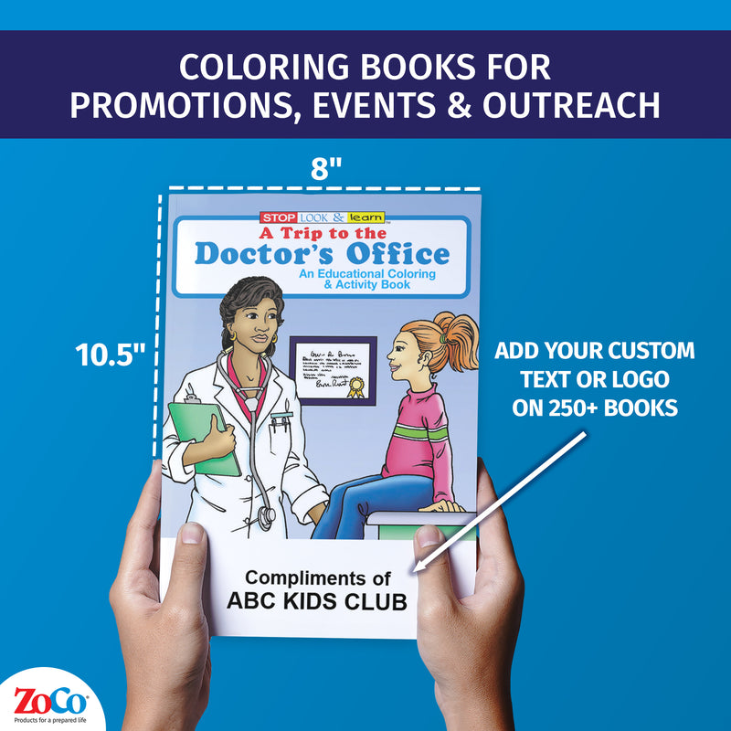 Doctor’s office coloring book showing 8 x 10.5 inch size and custom imprint