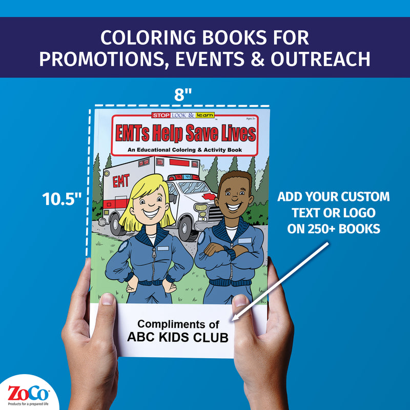 Custom EMT coloring books for kids with imprint on 250+ books