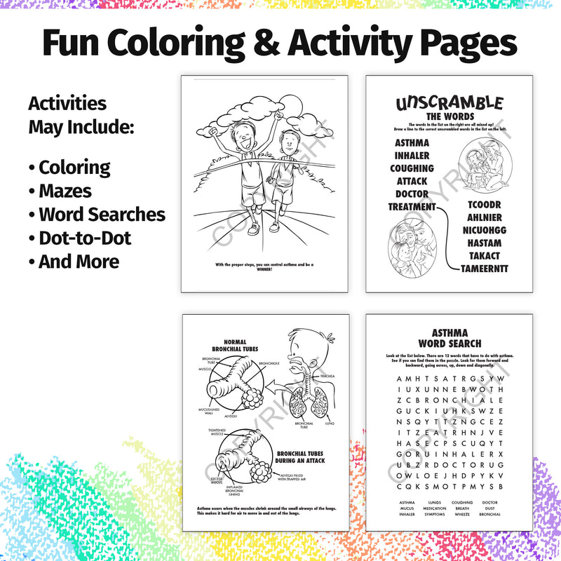 Asthma education coloring and activity book inside pages for children