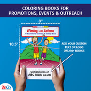 Asthma coloring book showing 8 x 10.5 inch size and custom imprint