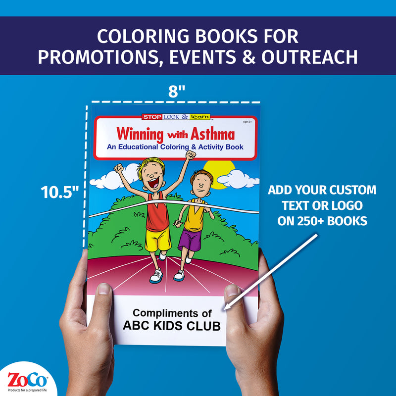 Asthma coloring book showing 8 x 10.5 inch size and custom imprint