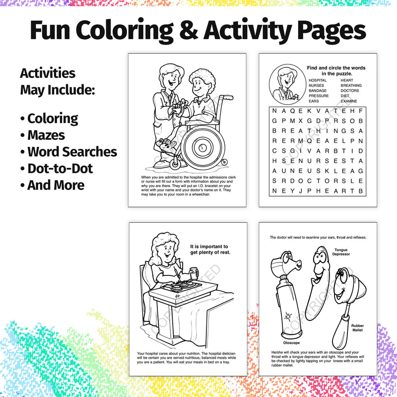 Hospital visit coloring and activity book inside educational pages for children
