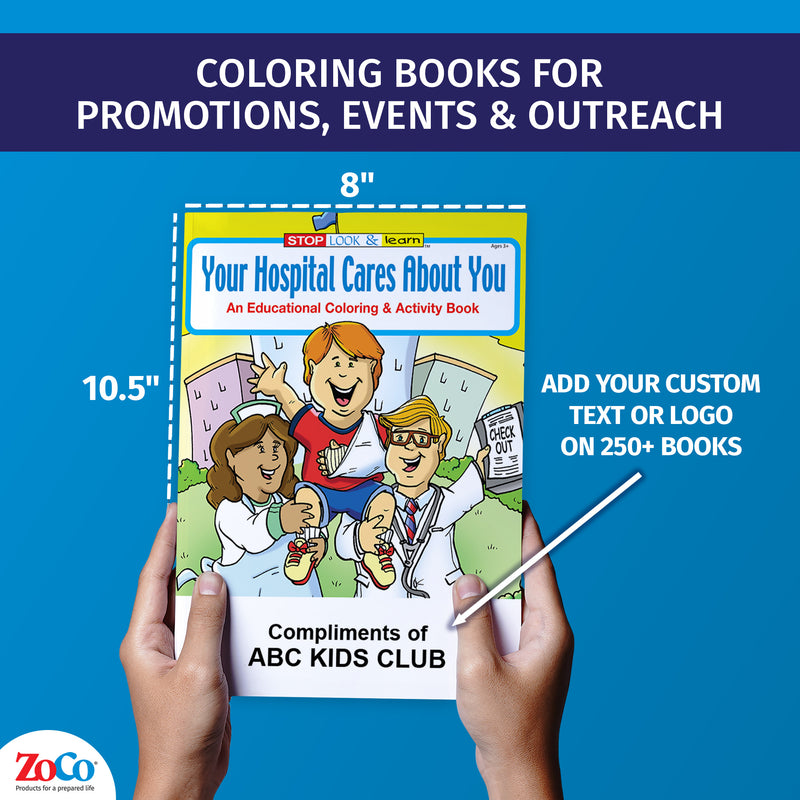 Hospital visit coloring book showing 8 x 10.5 inch size and custom imprint