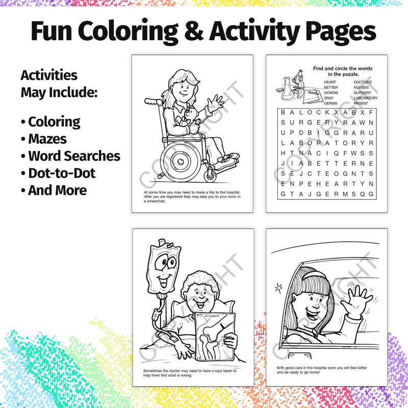 Kids hospital coloring book inside pages about doctors, nurses, and medical care