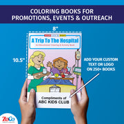 Hospital coloring book showing 8 x 10.5 inch size and custom imprint