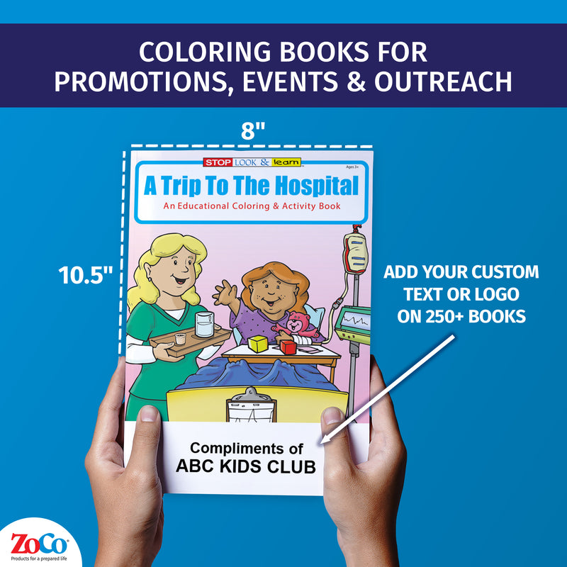 Hospital coloring book showing 8 x 10.5 inch size and custom imprint
