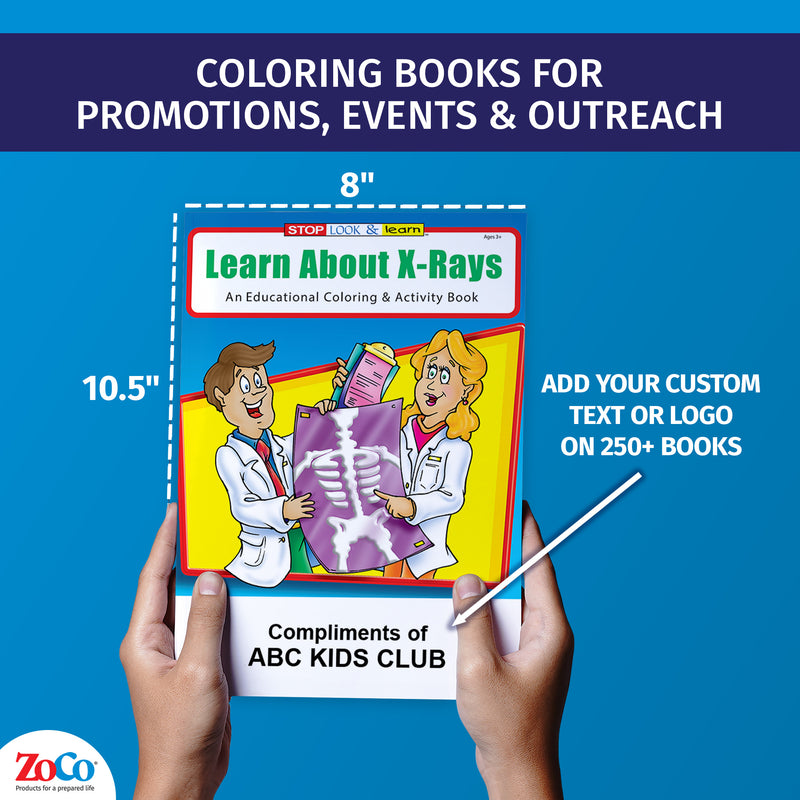 X-ray coloring book showing 8 x 10.5 inch size and custom imprint