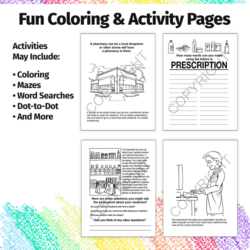Pharmacist and prescription safety coloring activities for kids