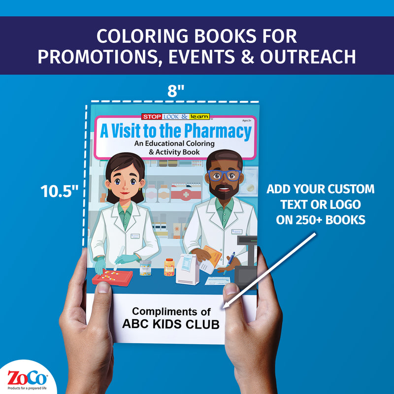 Custom pharmacy coloring books for kids with organization imprint