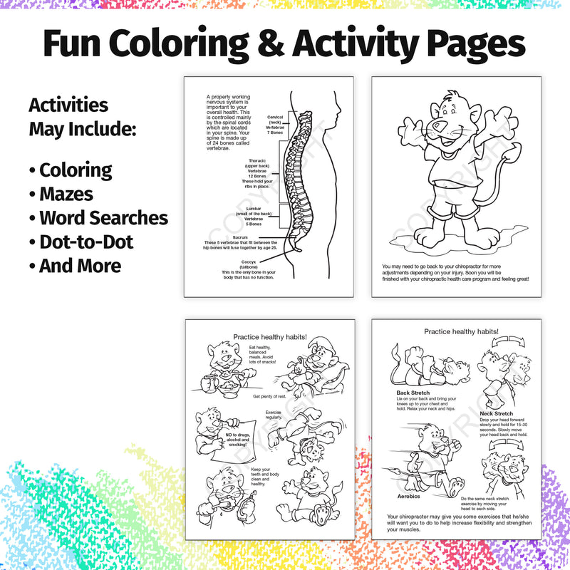 Chiropractor visit coloring and activity book inside educational pages for children