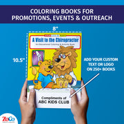 Chiropractor coloring book showing 8 x 10.5 inch size and custom imprint
