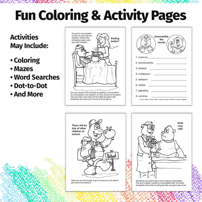 Immunization coloring and activity book inside educational pages for children