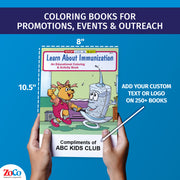 Immunization coloring book showing 8 x 10.5 inch size and custom imprint