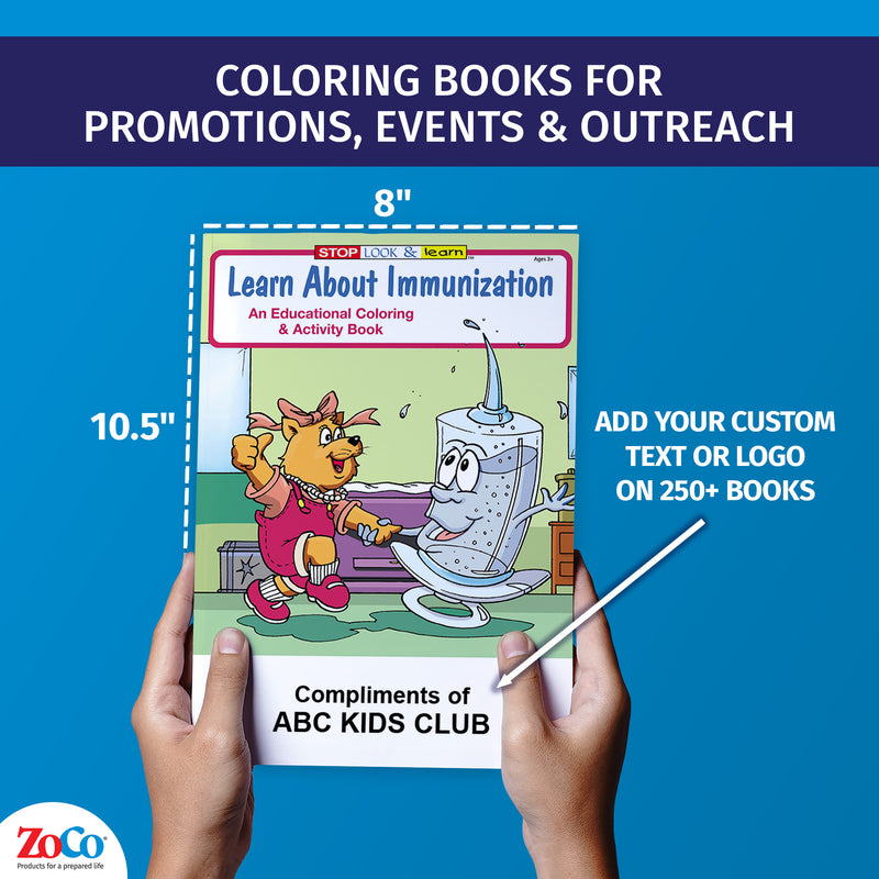 Immunization coloring book showing 8 x 10.5 inch size and custom imprint
