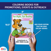 Healthy eating coloring book showing 8 x 10.5 inch size and custom imprint