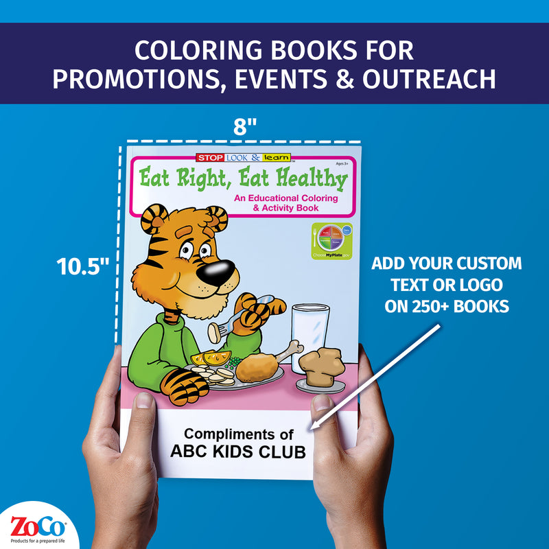 Healthy eating coloring book showing 8 x 10.5 inch size and custom imprint