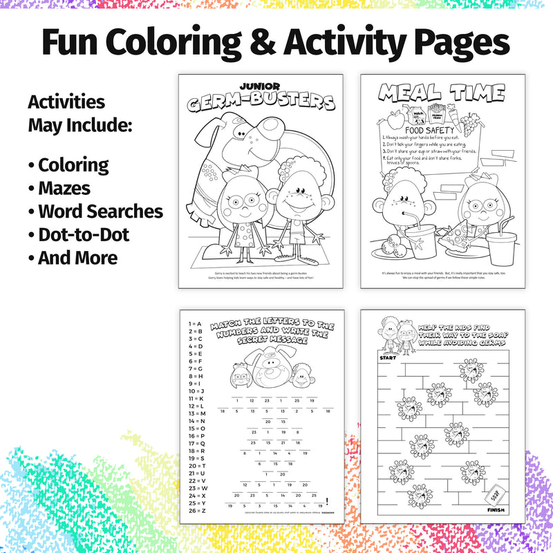 Germ prevention coloring book inside pages about handwashing and healthy hygiene habits
