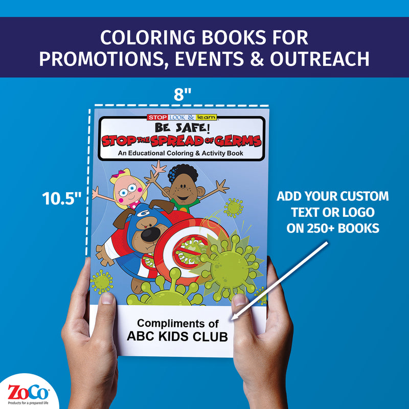 Germ prevention coloring book showing 8 x 10.5 inch size and custom imprint