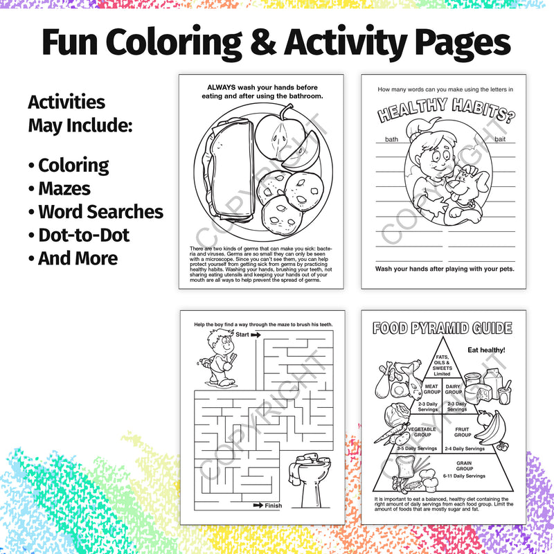 Healthy habits coloring book inside pages about handwashing and dental care