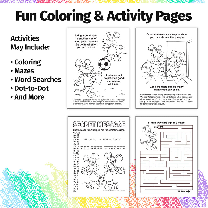 Inside pages of Practice Good Manners kids coloring and activity book