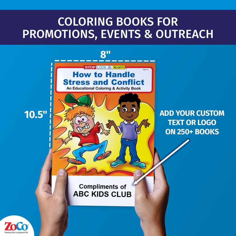 Custom stress management coloring books for kids with organization imprint