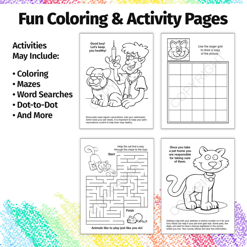 Pet health and responsible pet care activity page for kids