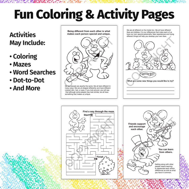 Inside pages of Everyone Is Someone Special kids coloring and activity book