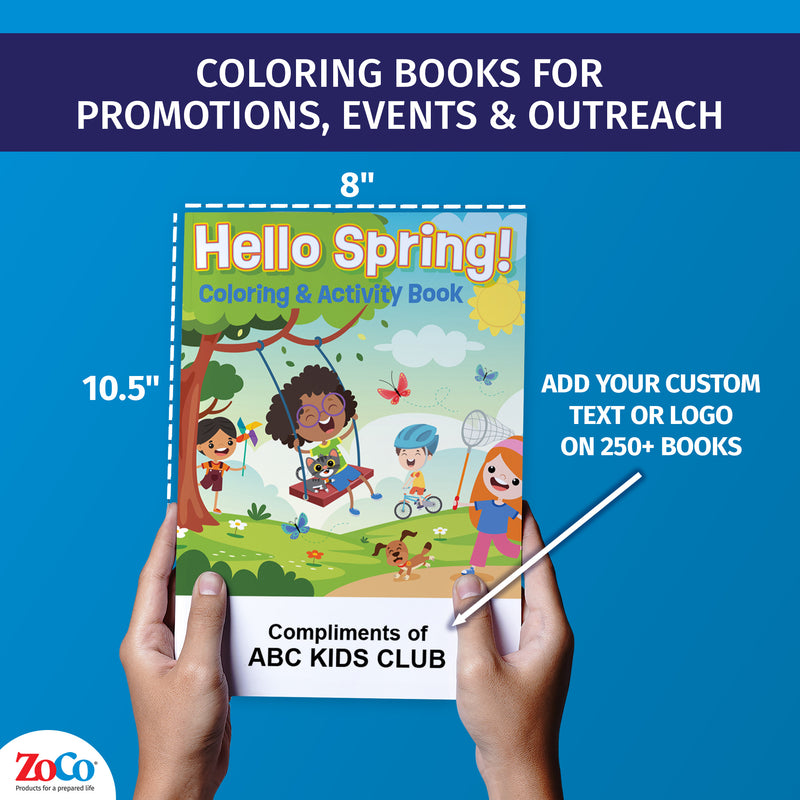 Spring coloring book showing 8 x 10.5 inch size and custom imprint