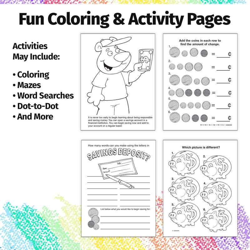 Inside pages of My Savings Account kids coloring book