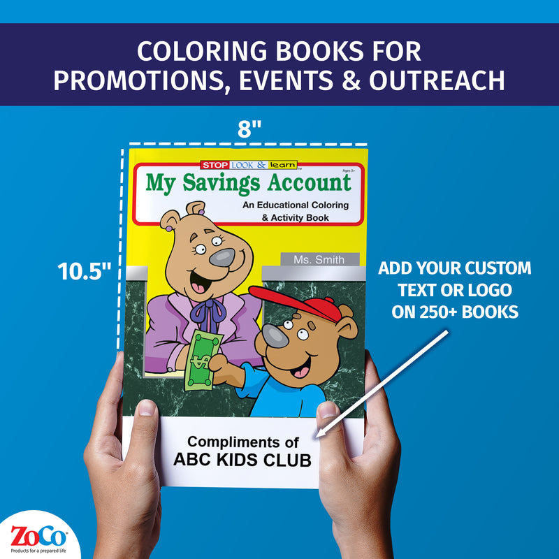 Savings account coloring book for kids about money and banking