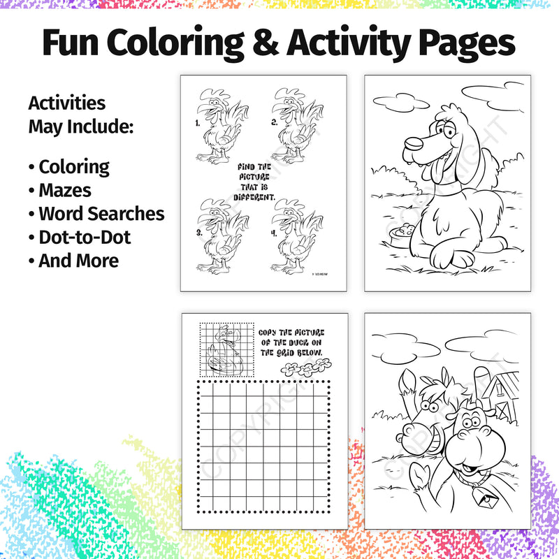 Inside pages of Animals on the Farm kids coloring and activity book