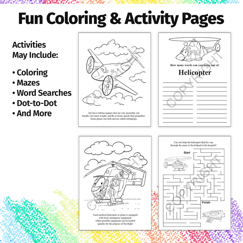 Kids aviation coloring book with airplane activities and games