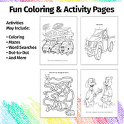 Inside pages of car dealership coloring and activity book for children