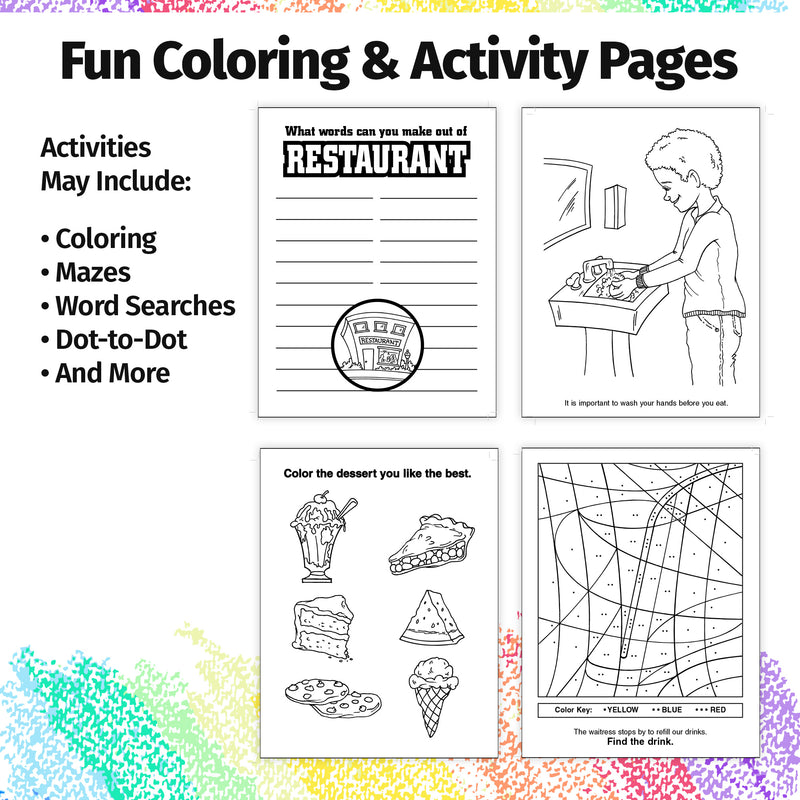 Inside pages of restaurant coloring and activity book for children