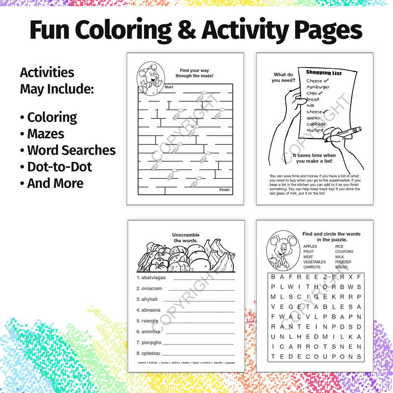 Grocery shopping coloring book inside activity page for children