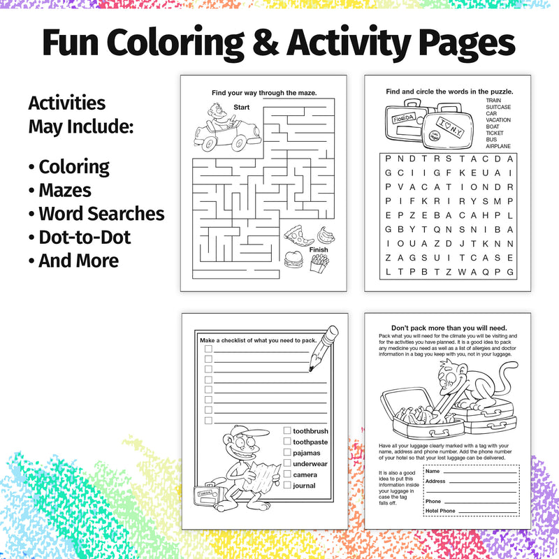 Travel coloring and activity book pages with mazes word searches and games