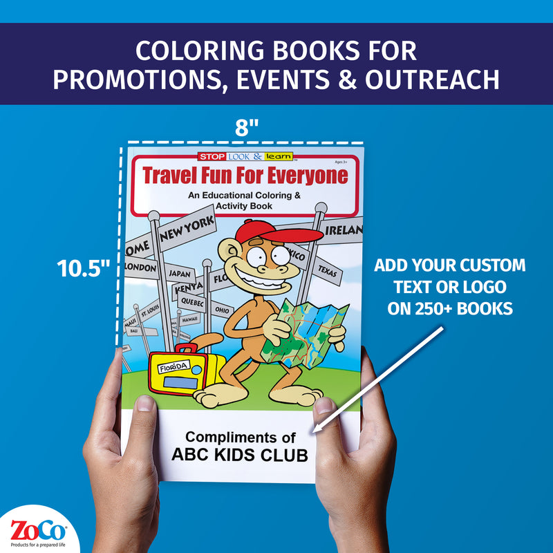 Travel coloring books for kids with size and custom imprint example