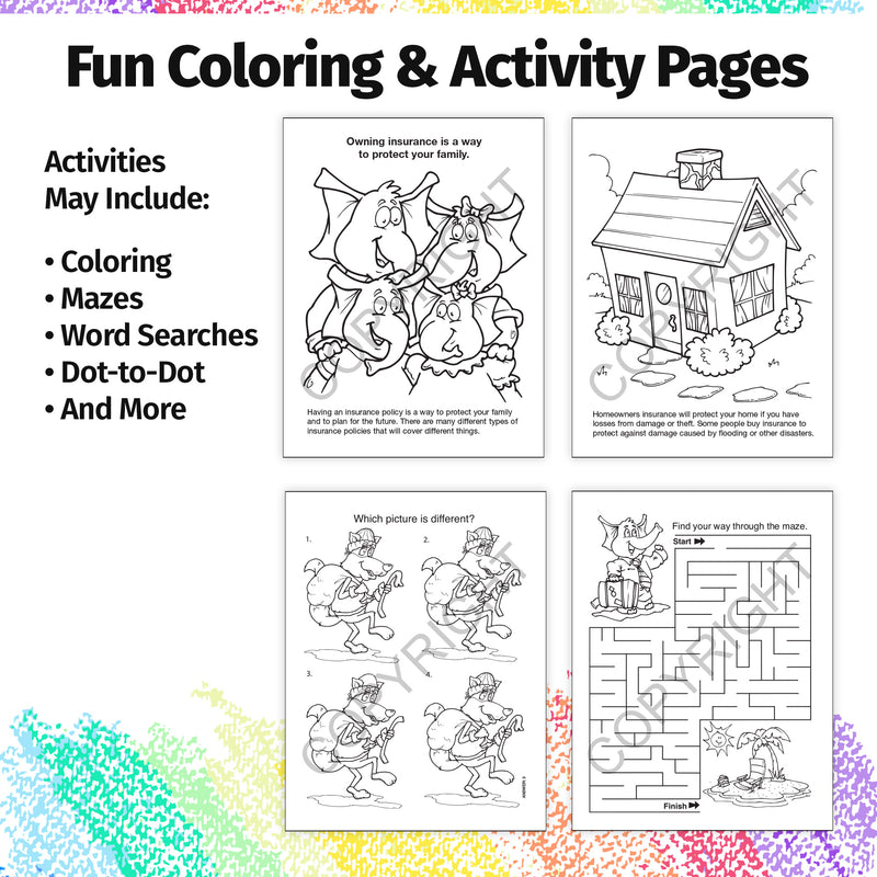 Inside pages of We All Need Insurance kids coloring and activity book