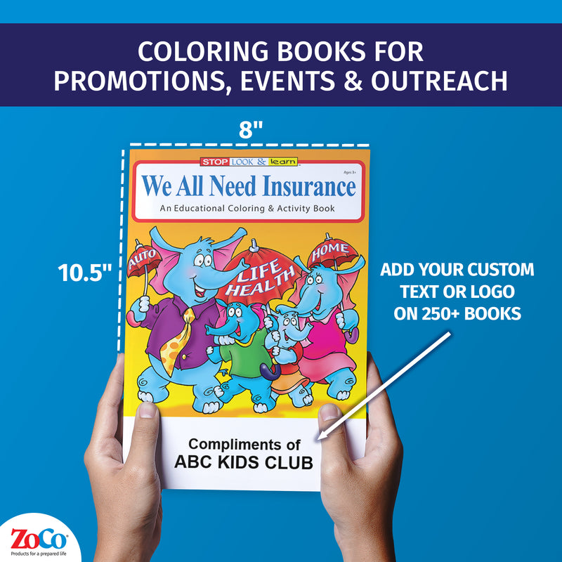 Custom insurance coloring book for kids with organization imprint