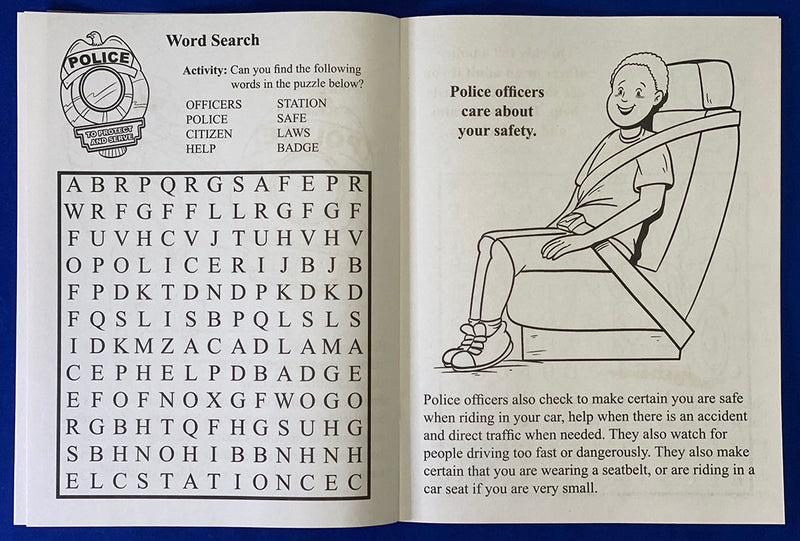 Inside pages of A Visit to the Police Station kids coloring and activity book