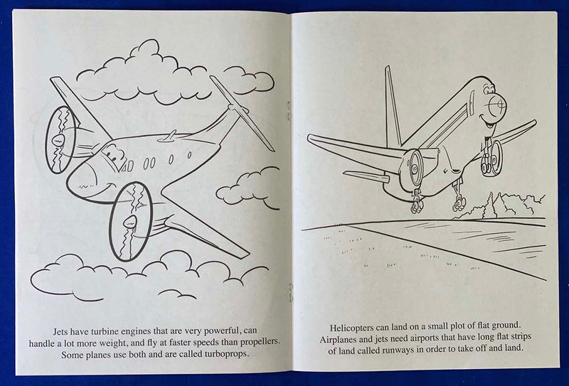 Aviation Adventures coloring activity book inside page about airplanes