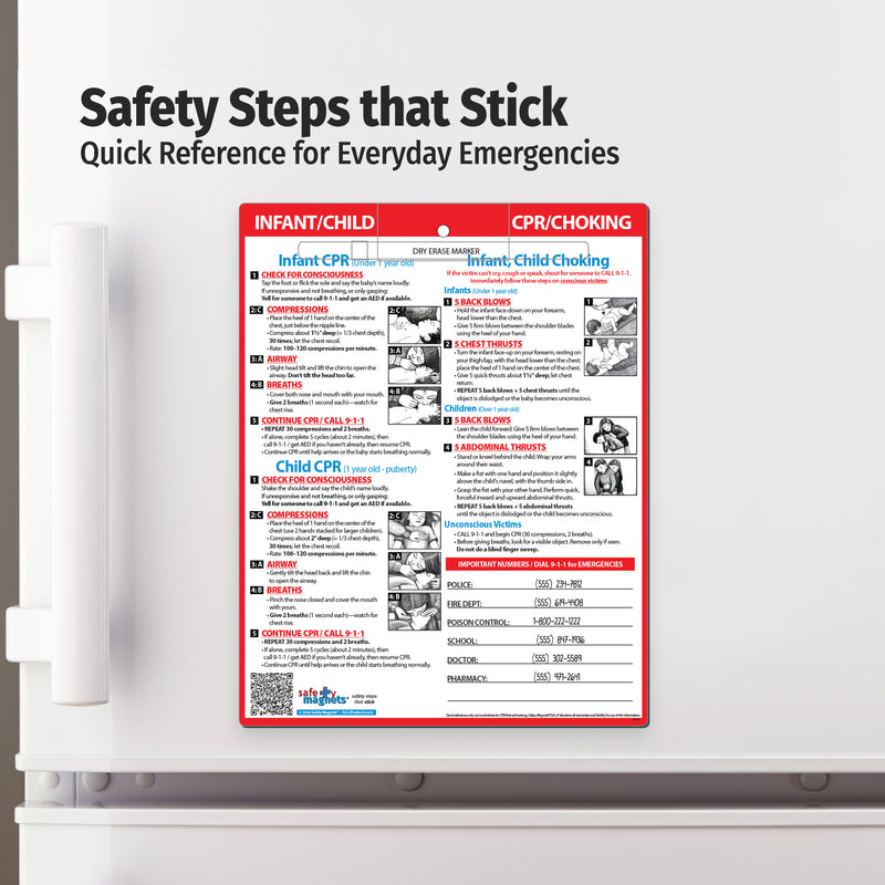 Magnetic CPR and choking quick reference card attached to refrigerator