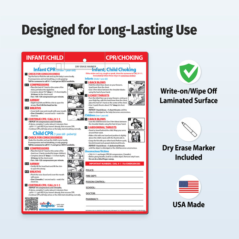 CPR and choking first aid card for babies and children with emergency numbers
