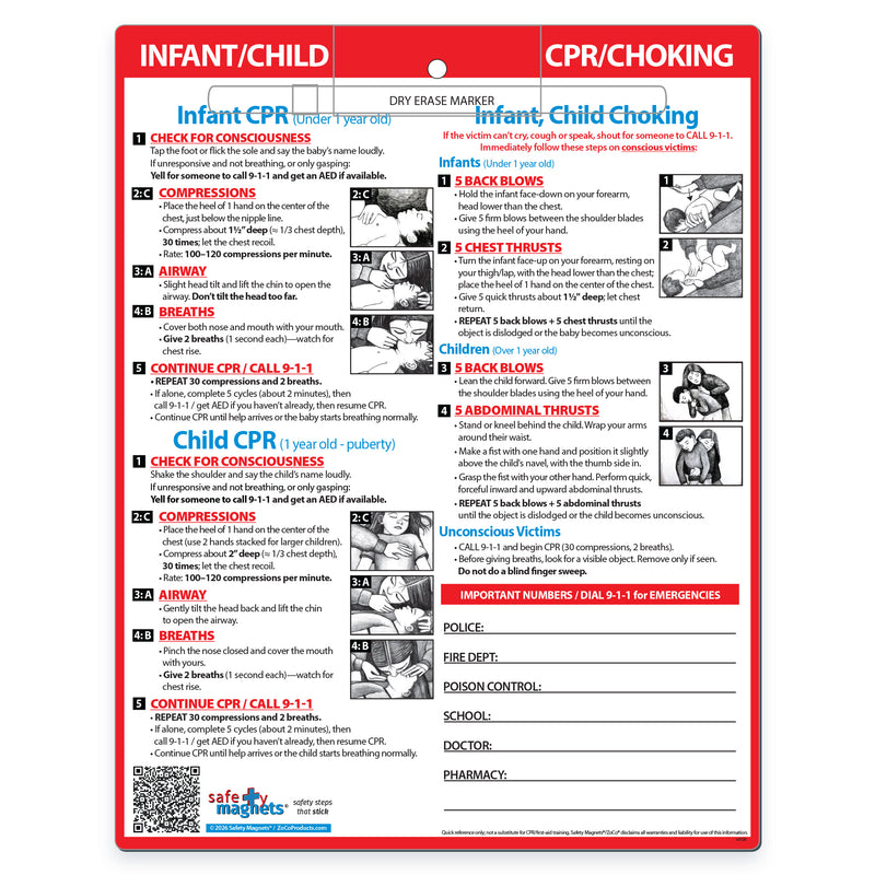 Infant and child CPR and choking magnetic quick reference card