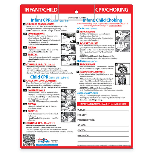 Infant and child CPR and choking magnetic quick reference card