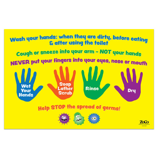 Hand Washing Instructions for Kids - 12"x18" - Laminated