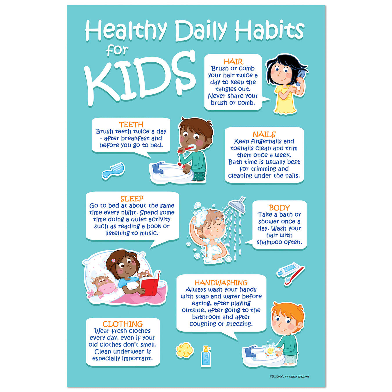 Kids 7 Healthy Daily Habits Poster - 12"x18" - Laminated