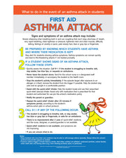First aid guide for asthma attacks in students with colorful illustrations and text.