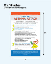 Asthma attack first aid guide poster with dimensions and text on a white background