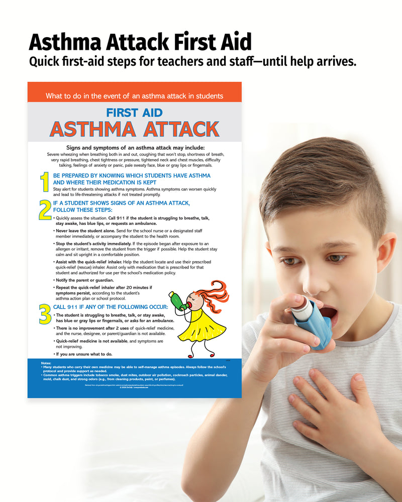 This laminated 12 × 18 school safety poster provides clear, step-by-step guidance for supporting a student during an asthma attack